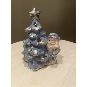 6" Painted‎ Porcelain Santa with Christmas Tree White and Silver Tea Light